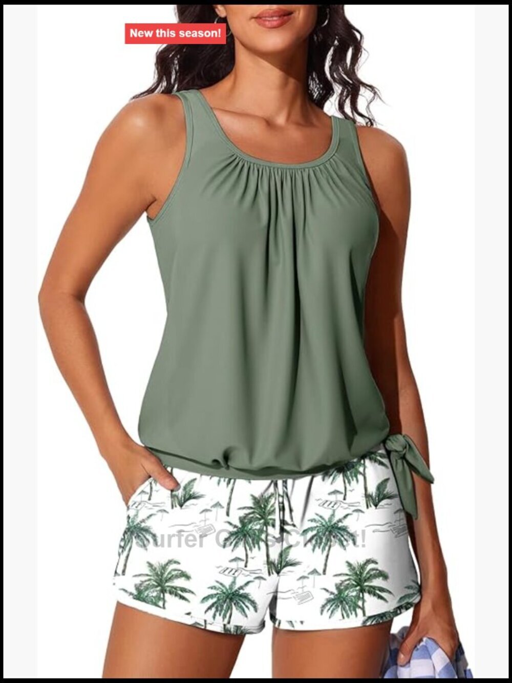 Women's Tankini Set with Shorts Tummy Control Side Pockets Blouson Top